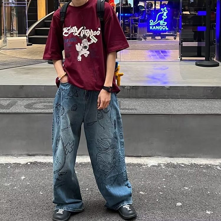 Graffiti jeans men's Korean style trendy high street cool 2024 Spring/Summer new personalized wide-leg denim trousers. Application Scenario