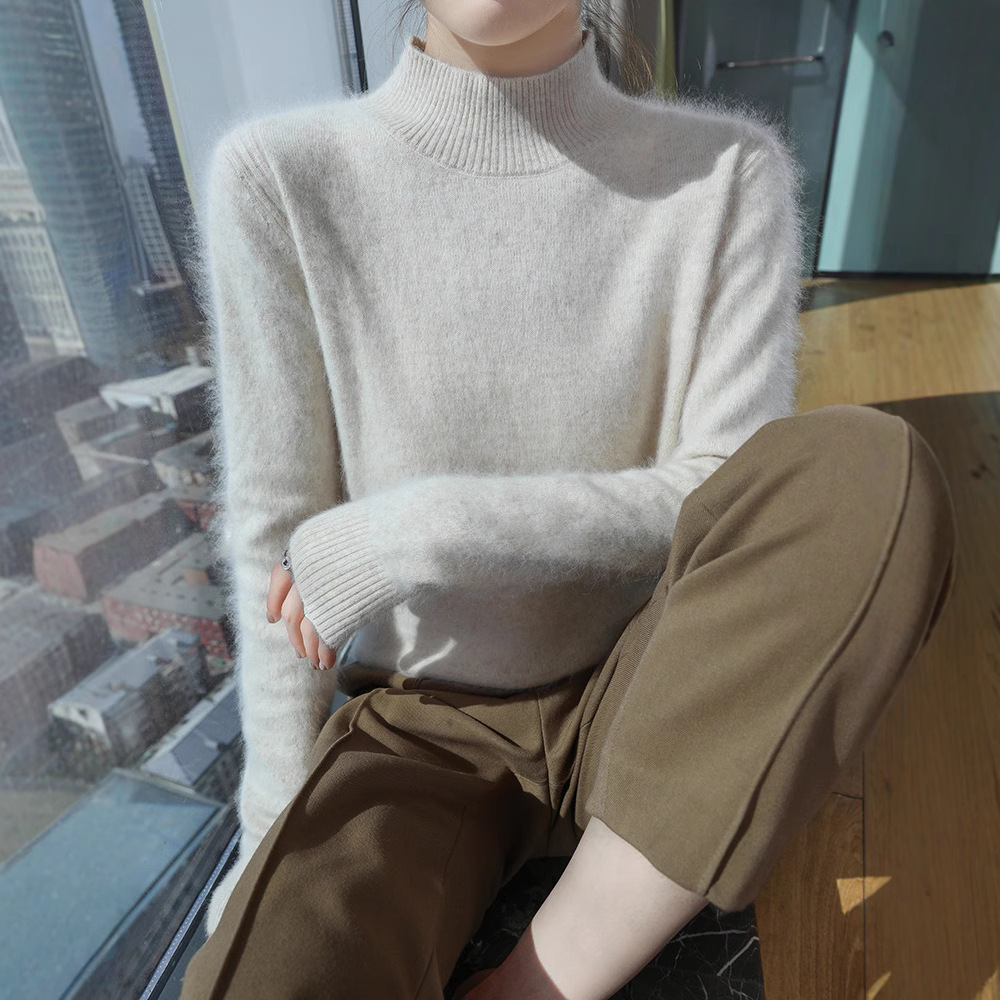 New Spring and Autumn 2025 mink fur semi-high neck knitted sweater, solid color loose pullover, warm base layer, wool sweater for women