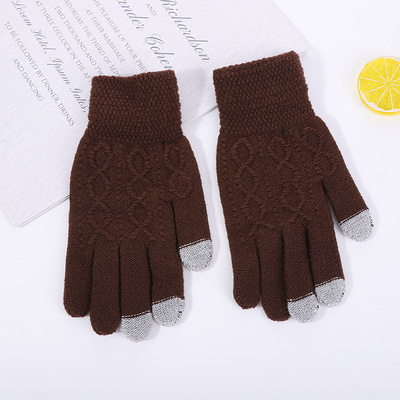 Factory direct supply of winter universal brown jacquard winter solid color finger-separating gloves, bow warm gloves in stock details Picture