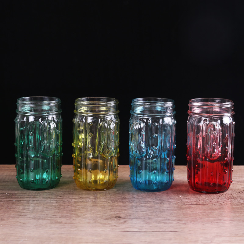 Creative Gradient Cactus Juice Sippy Cup Colorful Mason Glass Handle Cup Drink Tea Cup With Straw Application Scenario