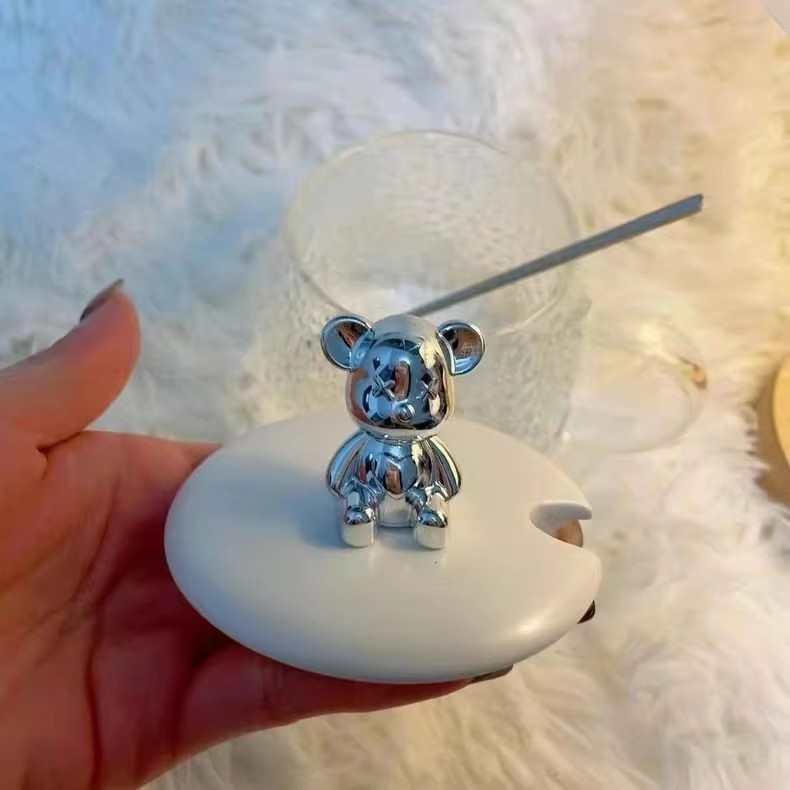 Japanese Hammer Pattern Bear Glass Home Ins Feng Shui Cup With Handle With Cover Spoon Milk Breakfast Cup Hair Replacement Specification drawing