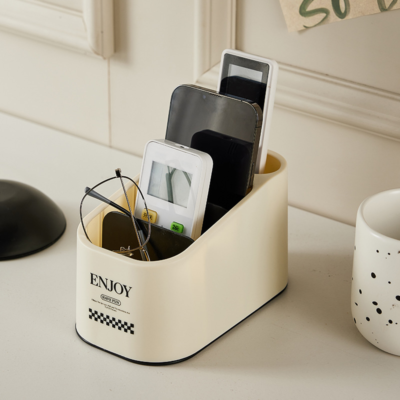 Cream-style desktop storage box, home coffee table remote control, stationery and sundries organizing box, plastic compartment-divided storage rack details Picture