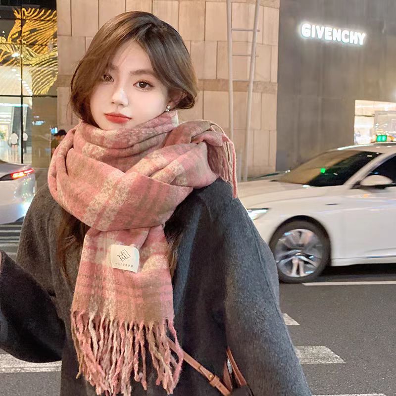秋冬爆款复古氛围感咖色格纹围巾男女马海毛加大加厚披肩围脖