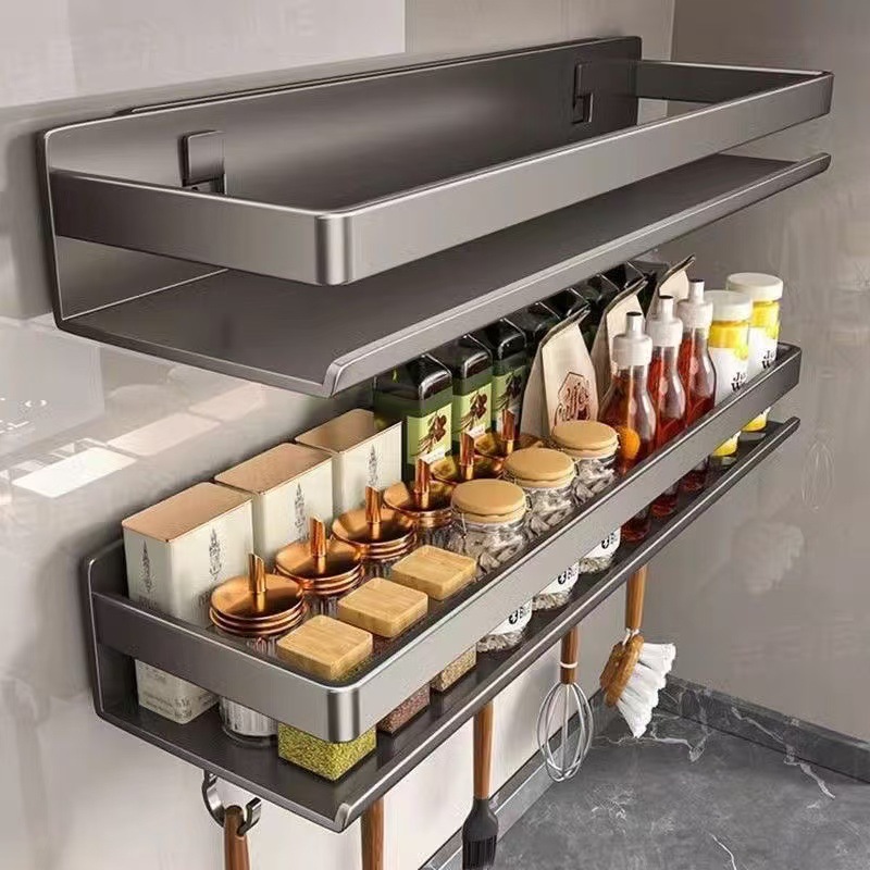 Kitchen seasoning rack, non-drilling wall-mounted multi-functional kitchen seasoning rack, hanging rack, kitchenware storage rack