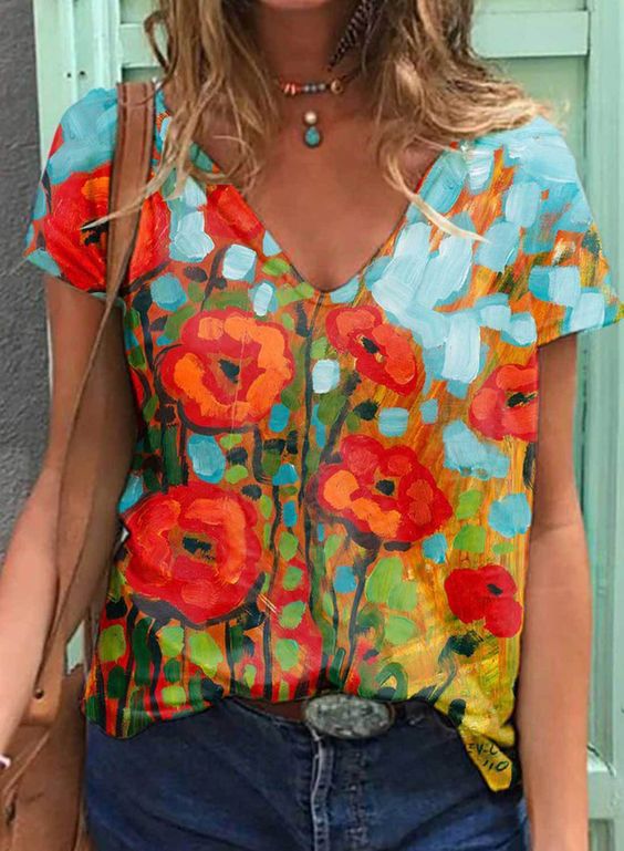 En stock 2021 crossover mujer algodón manga corta cuello V estampado 3D street hipster manga corta multicolor holgada mujer camiseta Item Picture