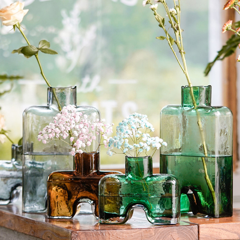 异形软装饰摆瓶彩色玻璃花器花瓶摆件北欧艺术造型花瓶台面摆件图