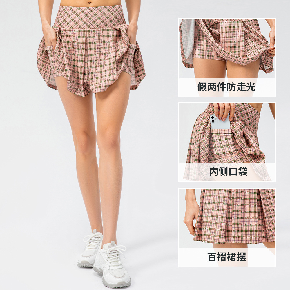 Spring and summer women's checkered sports short skirt, pleated skirt, running, dancing, anti-glare skirt and pants, yoga, tennis skirt. 22442 details Picture