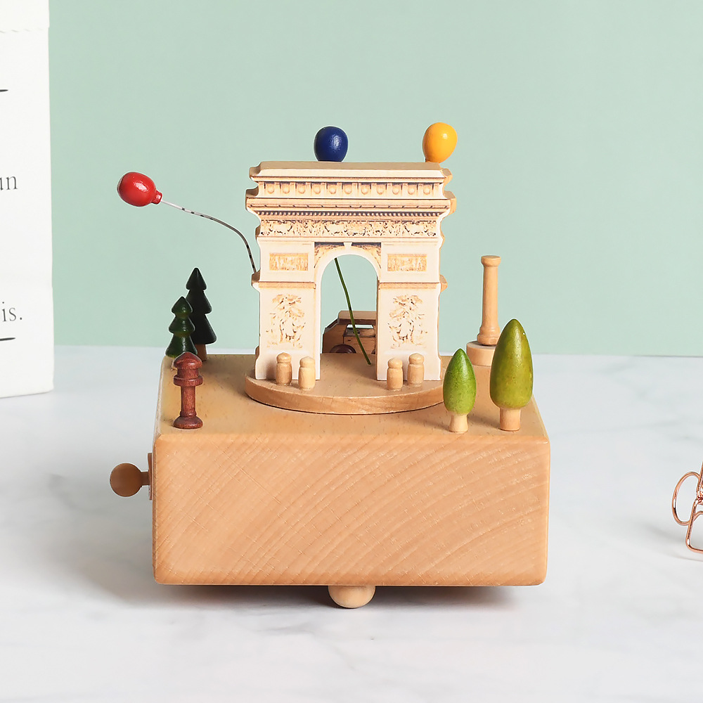 跨境现货欧式木质凯旋门建筑模型音乐盒八音盒家居摆设节日小礼物