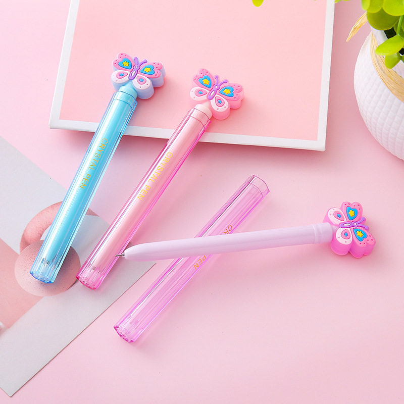 Crystal double-pen butterfly gel Pen Creative Stationery Double-tube student gel pen details Picture