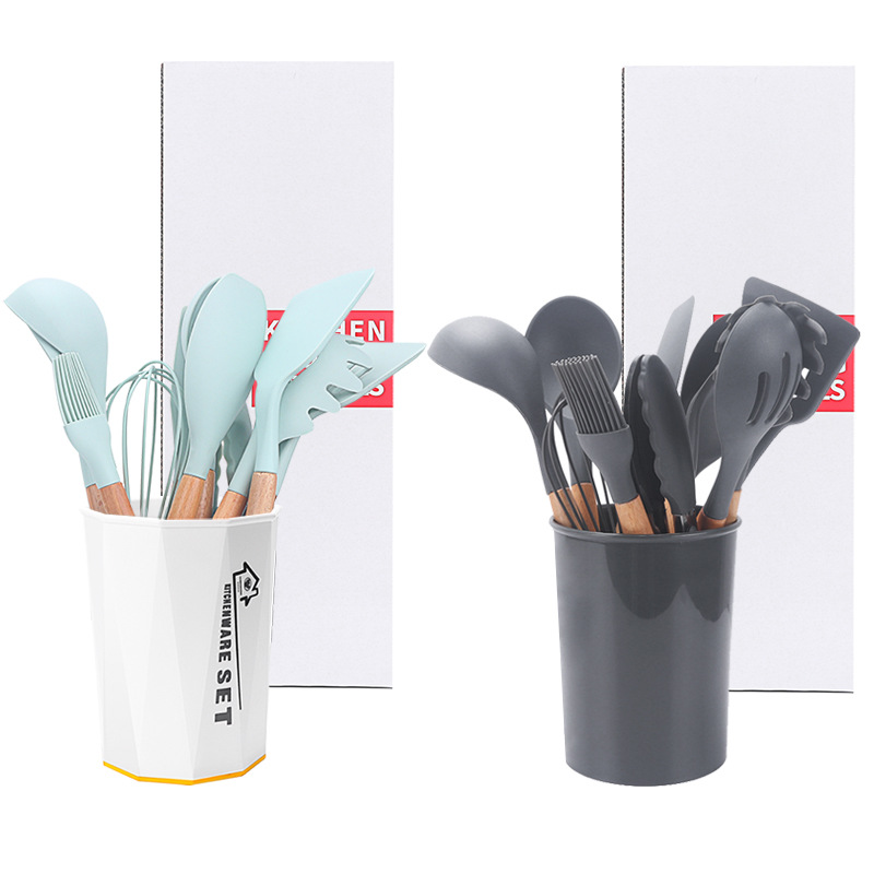 Cross-Border Stock Wooden Handle Silicone Kitchenware 11 Sets Of Non-Stick Cooking Wooden Handle Silicone Kitchenware 11 Sets details Picture