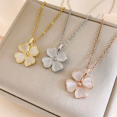 Necklace Jewelry Women's Senior Sense Not Fading Four-Leaf Clover Cat Eye Titanium Steel Necklace Simple Hot Selling Accessories Niche Jewelry
