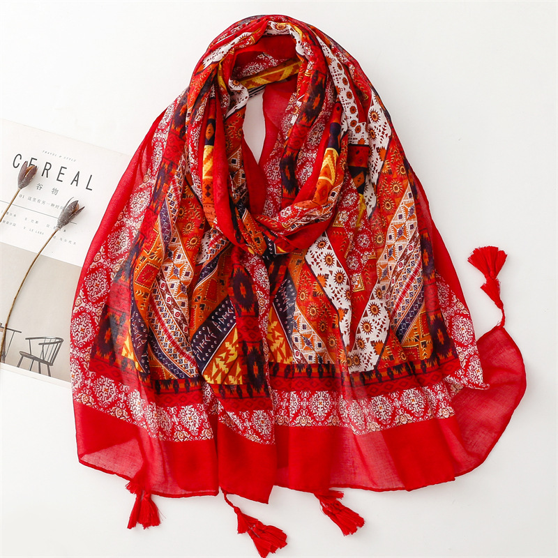复古民族风波西米亚红色围巾棉麻手感薄款巴厘纱丝巾旅游防晒披肩