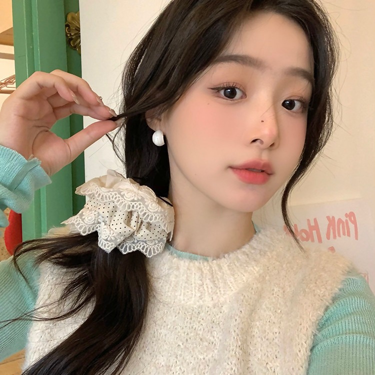 Korean Drama Oni~ Cream Large Scrunchie Female Lace Edge Fall/Winter High-Grade Hair Rope Female Tie Hair Adornment Headdress details Picture