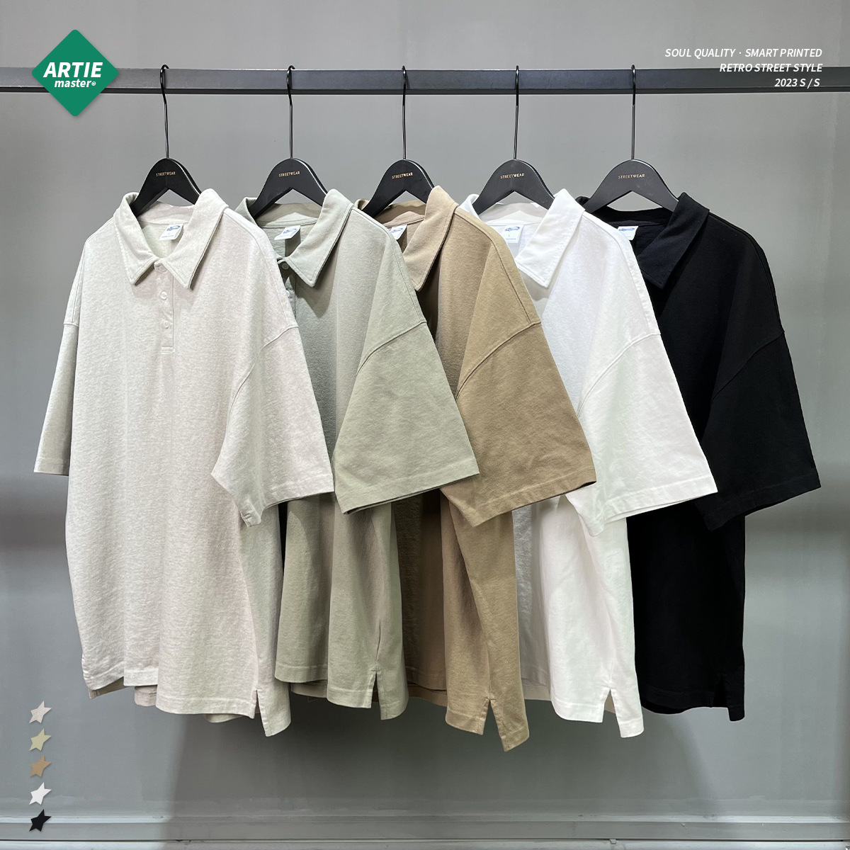 310G new 10-piece heavy pure cotton lapel button split casual loose short-sleeved top