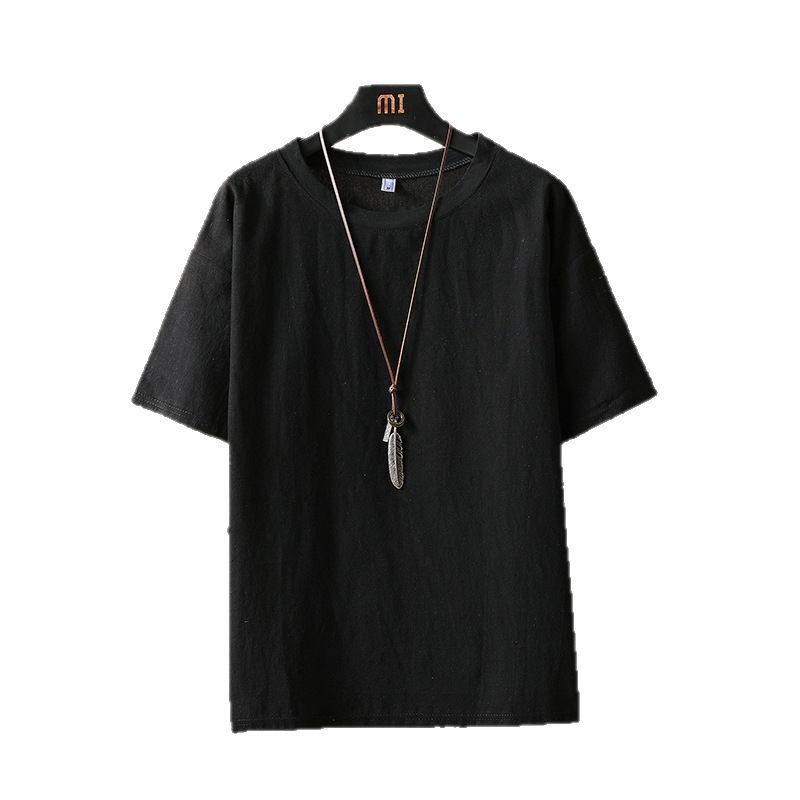Summer cotton and linen men's Chinese-style solid-color linen loose large-sized short-sleeved T-shirt, Japanese-style half-sleeved trendy brand T-shirt, Chinese trend Item Picture