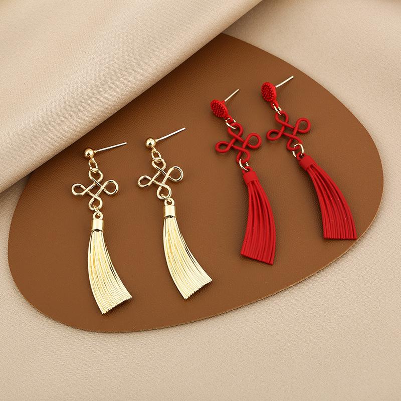 925银针红色中国结耳环新年喜庆时尚长款耳坠潮个性气质百搭耳饰