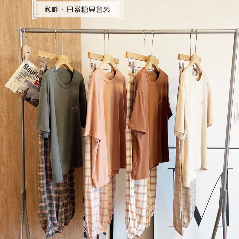Yan Bank Day Candy Set Loose Comfortable Home Wear Women 2023 Spring And Summer New Lazy Home Short-Sleeved Pajamas details Picture