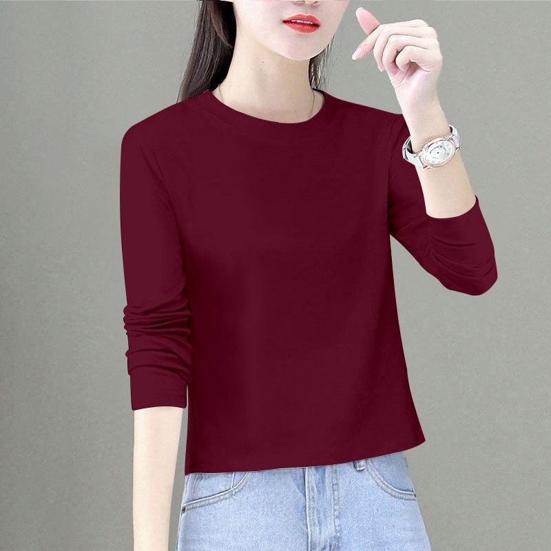 Coffee-colored pure cotton solid-color long-sleeved T-shirt for women, spring and autumn, large size, loose and stylish base layer, short and trendy top for short people Specification image