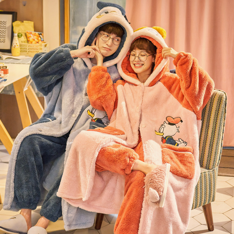 2023 New Couple Sleepwear Women Autumn Winter Coral Velvet Men's Thick And Long Flannel Bathrobe Set Specification drawing