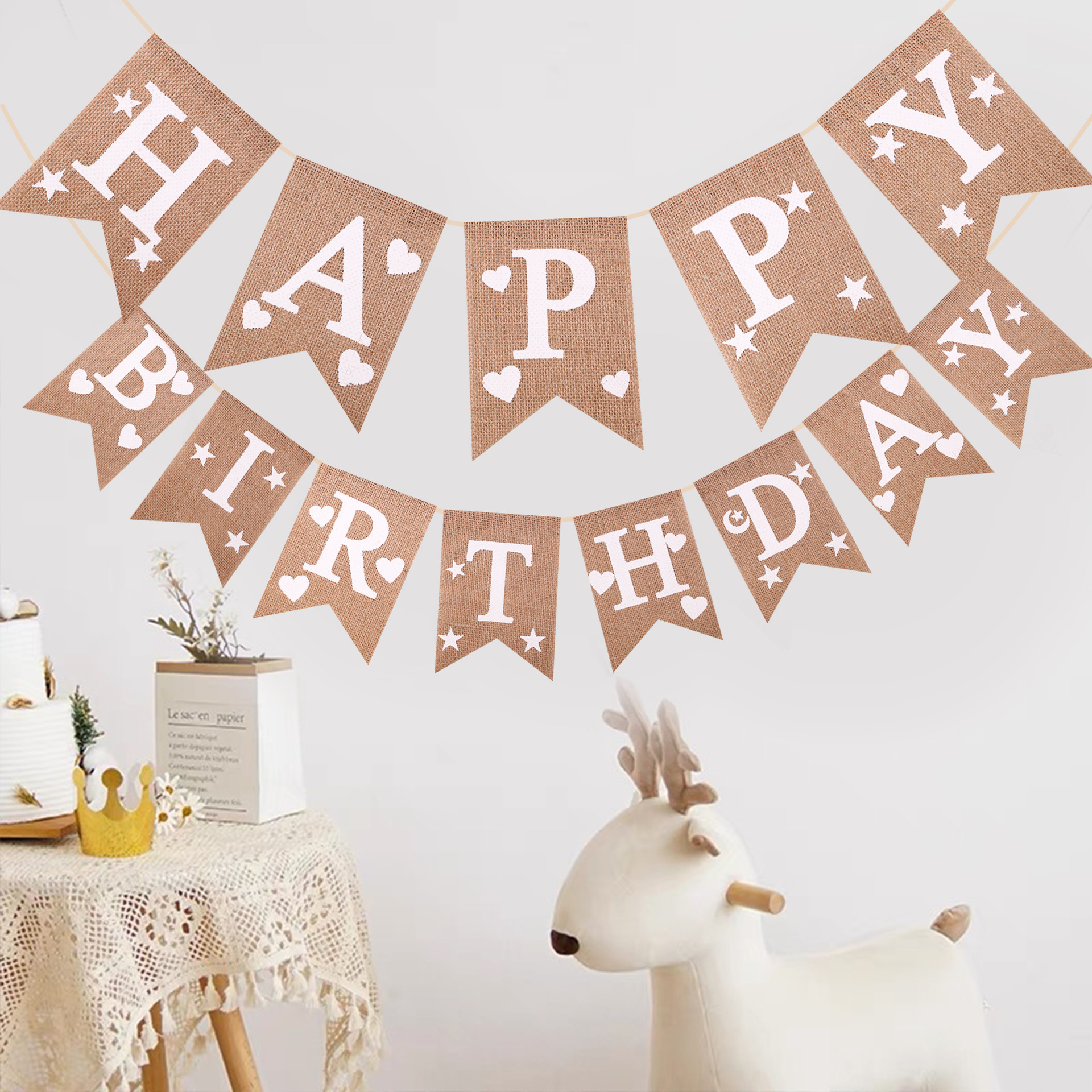 HAPPY BIRTHDAY麻布燕尾旗 生日派对装拉旗拉花场景布置横幅拉花