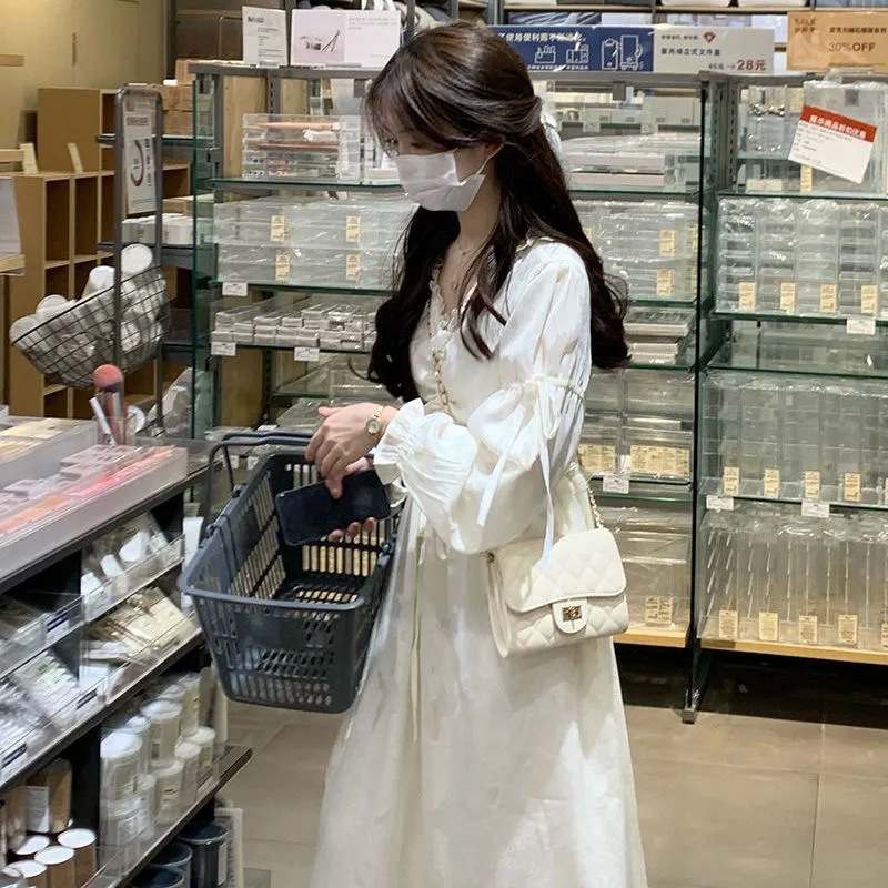 雪纺白色长袖春连衣裙2022新款夏季法式很仙的气质收腰显瘦裙子女产品图