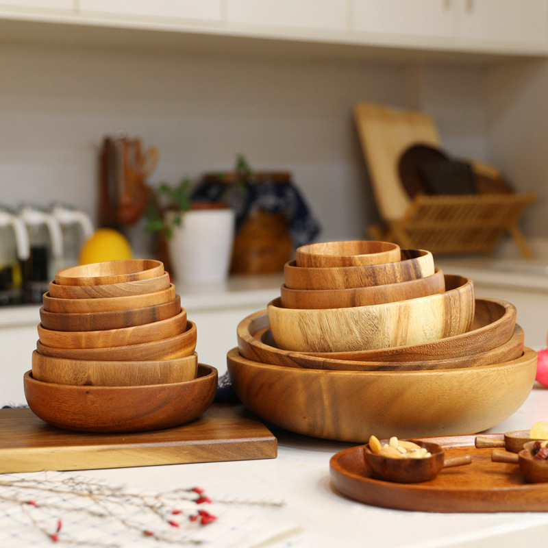 日式相思木家用水果沙拉碗木质儿童碗整木中号圆形碗厂家批发制作