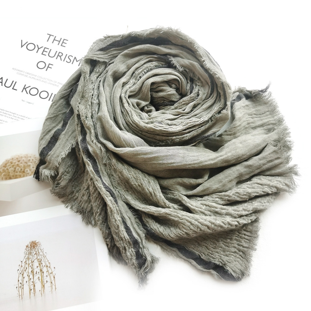 Solid Color Cotton And Hemp Scarf Autumn And Winter New Foreign Trade Men's Scarf Wholesale Natural Wrinkled Striped Scarf For Women Shawls Cross-Border Application Scenario