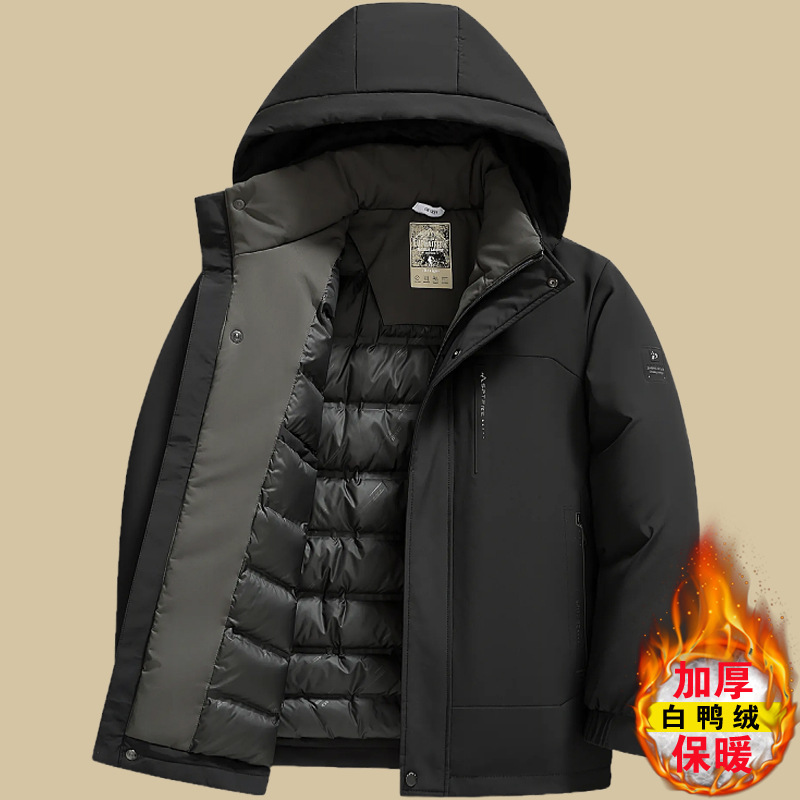 男士冬季新款白鸭绒外套爸爸连帽商务休闲羽绒服保暖防风宽松冬装
