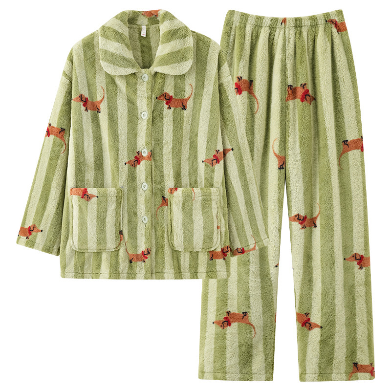 【 Warm Empress Velvet 】 Autumn and Winter couple Pajamas, Women's Coral Velvet Dachshund Cartoon Warm Home Wear Set Item Picture