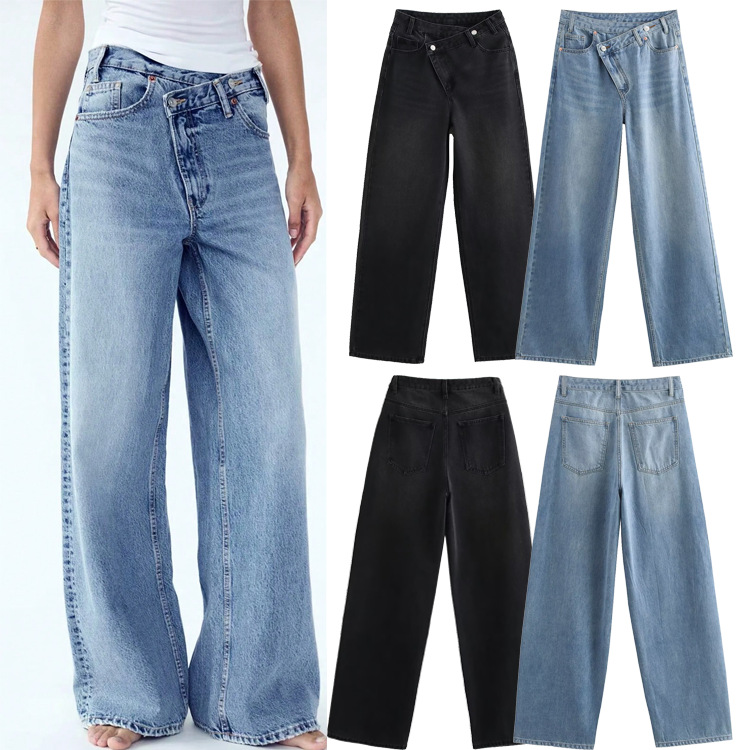 Trafza Cross-Border Amazon Spring Festival European And American Style Women's Clothing Design Sense, Double-Breasted Trousers, High-Waisted Wide-Leg Jeans