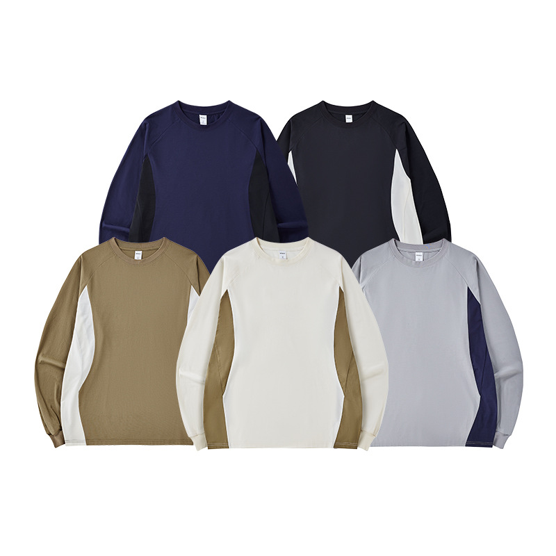 Jiezhan Men's Wear: Contrasting color Long-sleeved T-shirt 2025 Spring New Collection, Trendy brand round neck pullover design Long T-shirt Item Picture