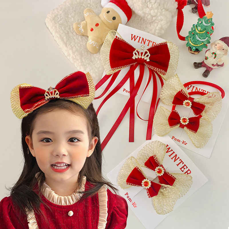 New Year's red velvet bow hairpin, gold mesh, bright red girl headwear, cute princess children's hair band and hair accessory