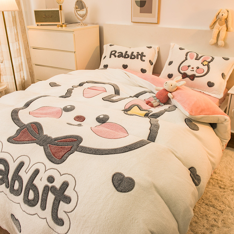 Winter Snowflake Velvet Large Printed Bed 4-Piece Coral Velvet Cartoon Sheet And Quilt Set Wholesale 3-Piece Four-Piece Set details Picture