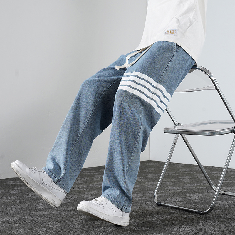 潮牌四条杠牛仔裤男士宽松阔腿春秋款韩版潮流松紧腰裤子