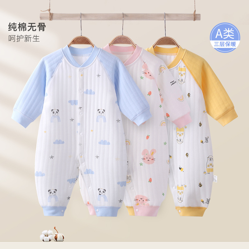 Baby one-piece suits for spring and autumn, three-layer cotton-padded newborn clothes wholesale, baby autumn clothes, Ha clothes, crawl clothes, women's autumn clothes details Picture