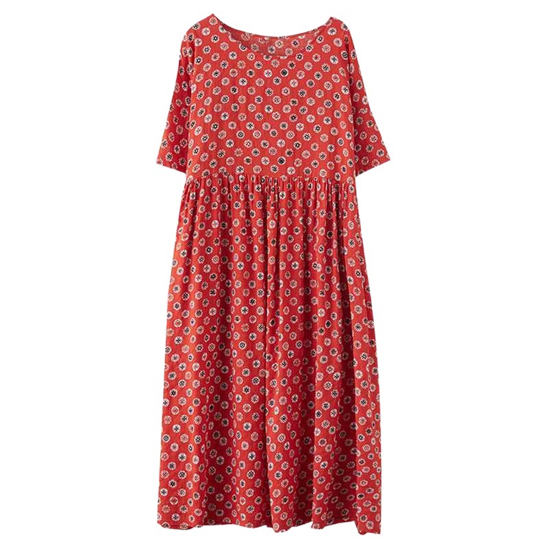 Simple and fashionable 2023 summer new dress, artistic, retro, loose, plus-size red short-sleeved loose long dress for women Item Picture