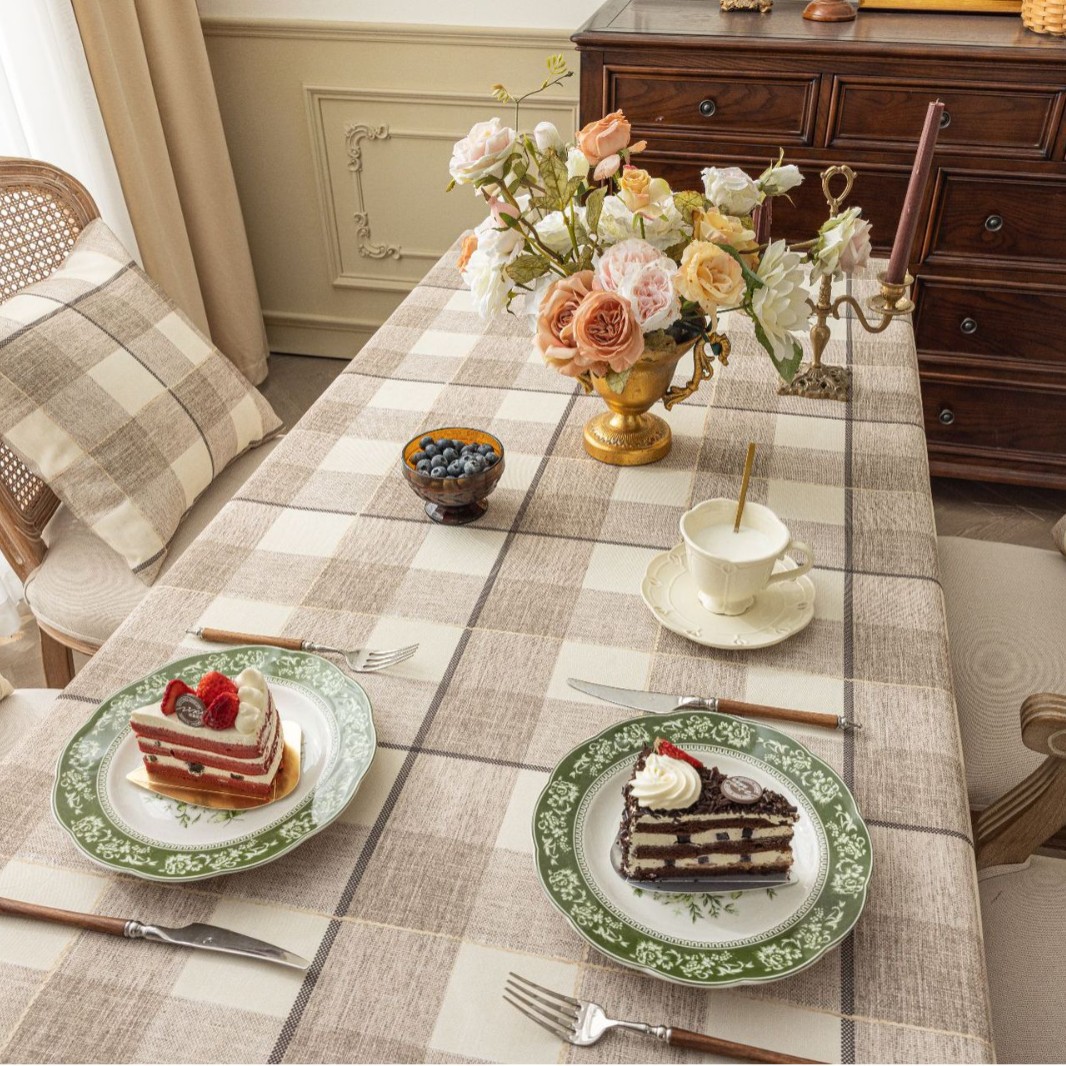 Jiexin Factory directly supplies Japanese-style simple, fashionable and elegant rectangular tablecloths, waterproof, oil-proof and heat-resistant, brown checkered printed fabric table MATS and tablecloths Specification image