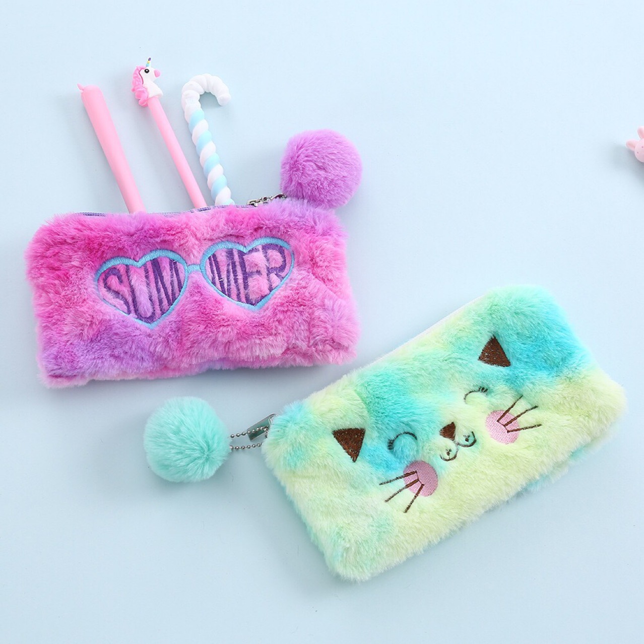 Winter plush pen case, student cartoon stationery storage bag, cute cat, furry cartoon girl, loose change and coin case details Picture