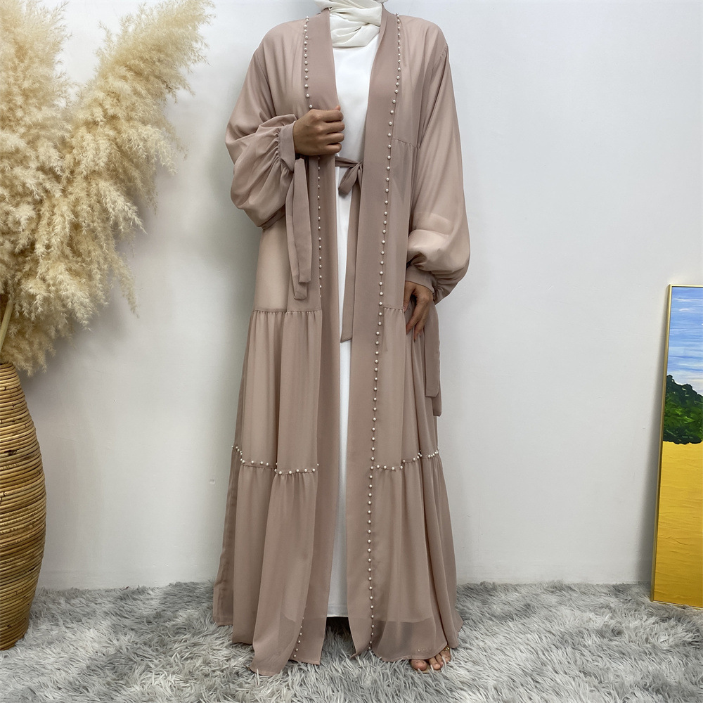 阿拉伯土耳其中东时尚优雅净色钉珠穆斯林系带雪纺开衫长袍 1964