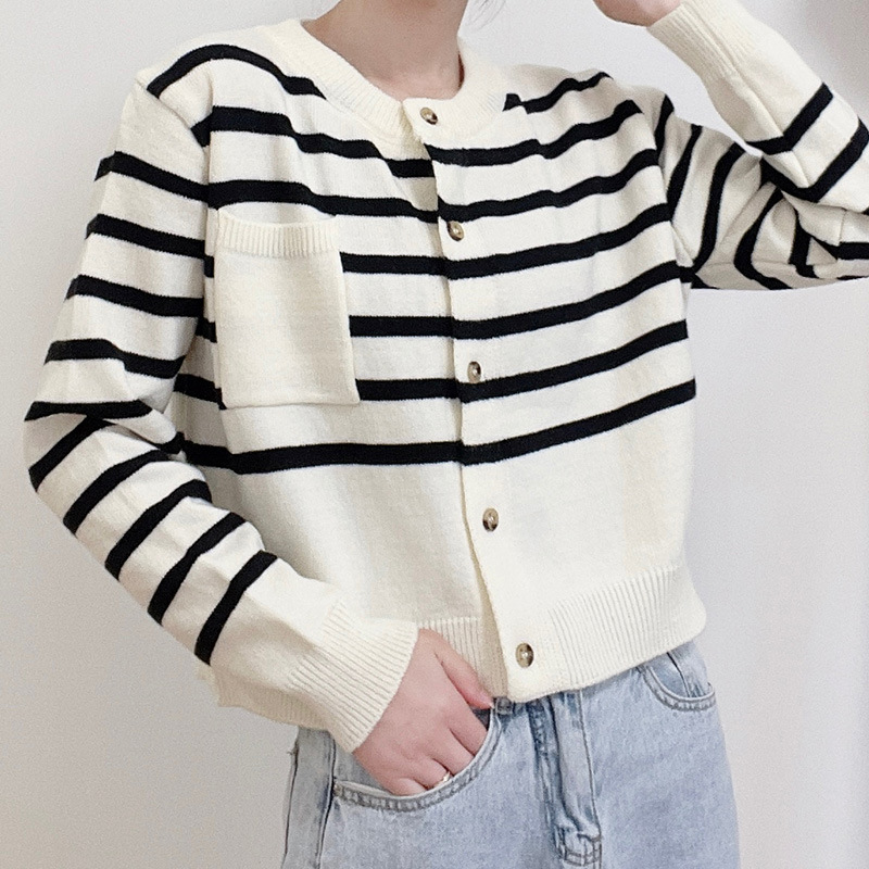 Rayas jersey de punto cardigan abrigo simple casual lánguida holgada top temprano otoño mujer