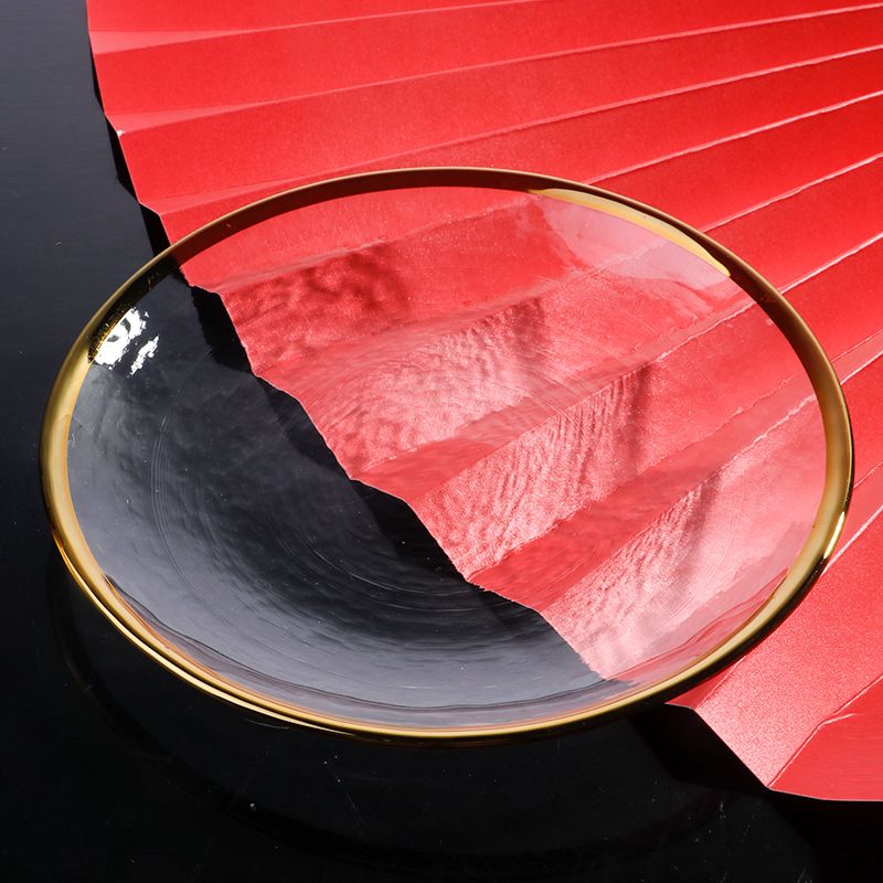 Gold Rim Glass Plate Japanese Cold Pattern Plate Household Pyrex Bowl Fruit Vegetable Dessert Salad Bowl Glass Tableware details Picture