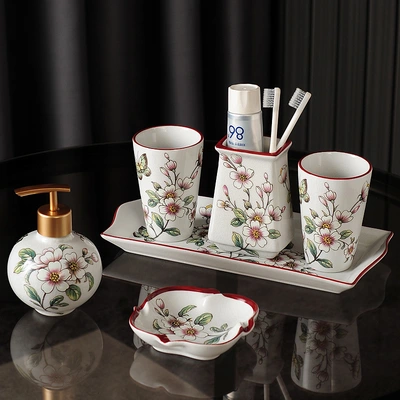6Ga American Clean Fresh Air Ceramic Bathroom Mouthwash Cup Set Five-Piece Set Six-Piece Chinese Bathroom Brushing Cup