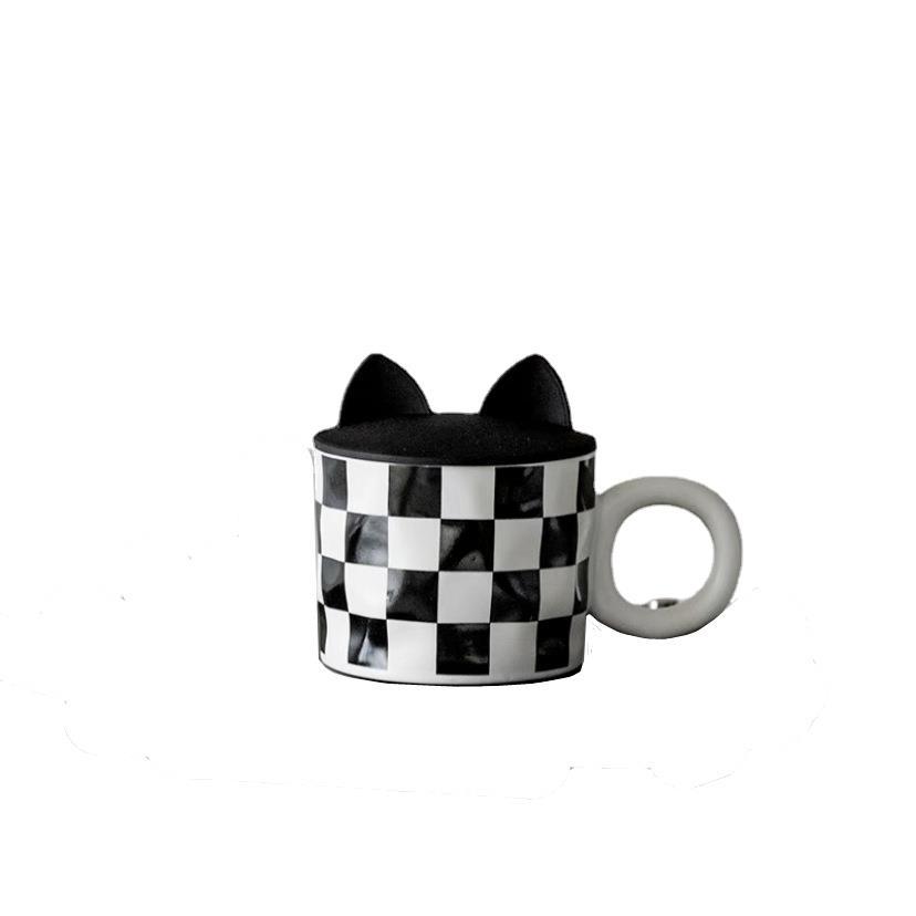 Checkerboard retro mug with lid, ceramic water cup, office women's design sense, niche cup, creative coffee cup Item Picture