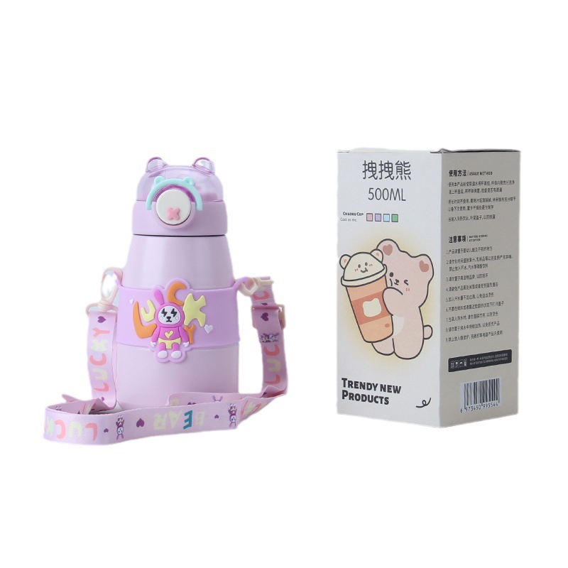 Fashion Stainless Steel Children's Cup Backstrap Rope Straw Thermos Cup Export Cheap Cup Flip Flip Bounce Item Picture