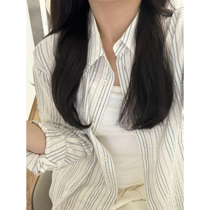 2024夏季薄款韩版防晒衬衫女条纹小清新宽松百搭衬衣外穿上衣潮
