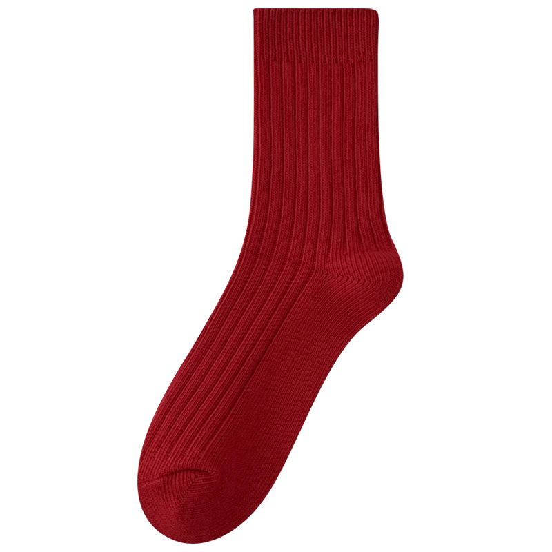 冬季大红袜新年袜本命年大红色竖条纹麻花纹纯色棉袜女袜中筒袜子白底实物图