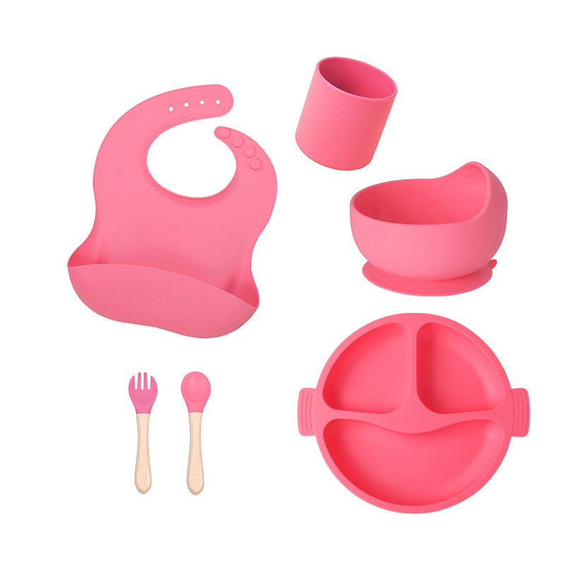 Baby complementary food bowl, children's silicone separated plate, wooden handle fork and spoon set, children's learning to eat silicone tableware plate Specification image