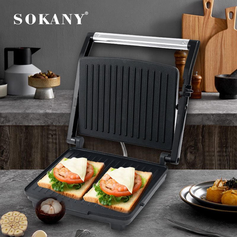 跨境SOKANY202烤炉牛排三明治机家用烤炉面包机烤肉机双面电烤盘