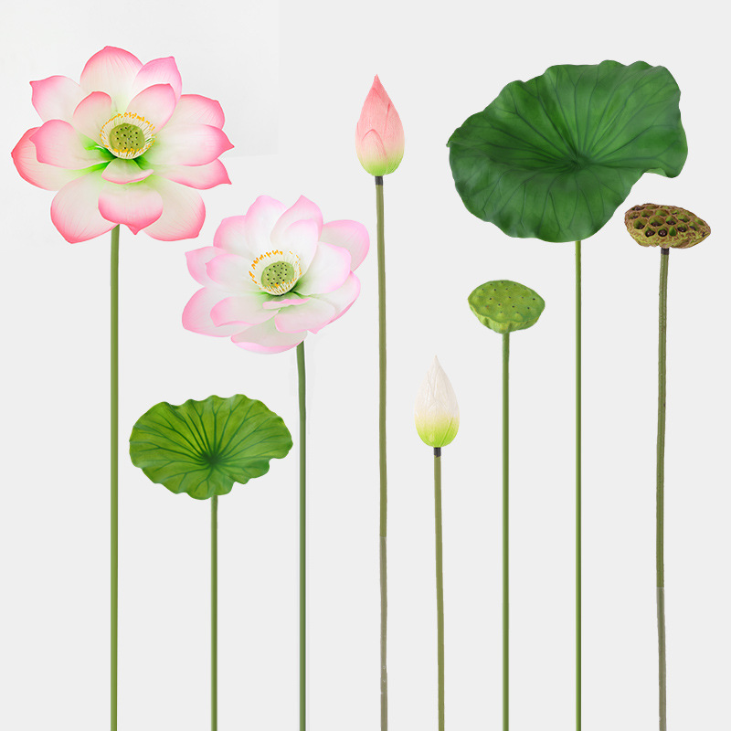 Simulated lotus flowers, lotus pods, lotus leaves and lotus flowers are placed in the living room, and a single artificial flower pool is used for decoration and landscaping as a shooting prop full figure