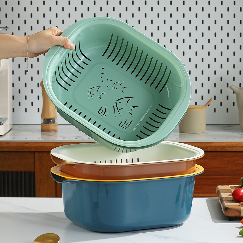 Creative household kitchen double-layer draining basket, creative fruit and vegetable washing basin, plastic multi-functional bowl and chopsticks draining details Picture